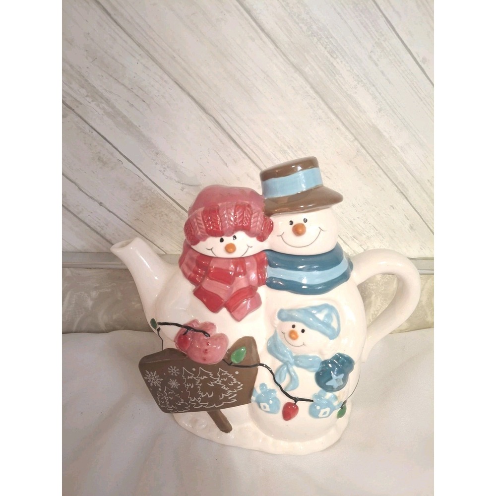 VTG Winter Snowman Family Holiday Teapot by Houston Harvest Christmas jar #31397